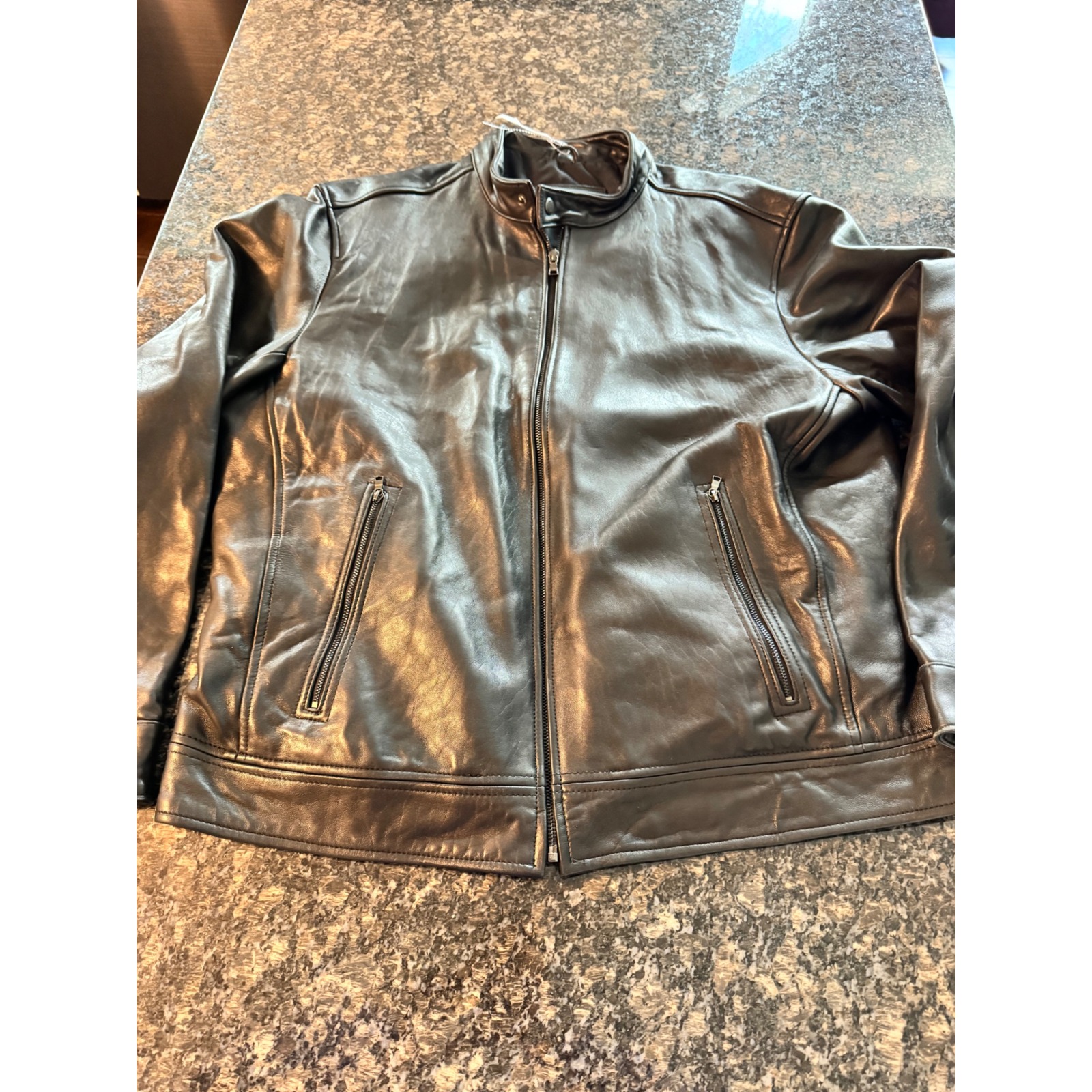Calvin Klein Mens Black Leather Cafe Racer Jacket Xxl New9w4e6900